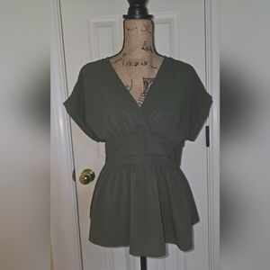 SHEIN Olive Green V-Neck Peplum Blouse with Ruched Waist, Size Large
